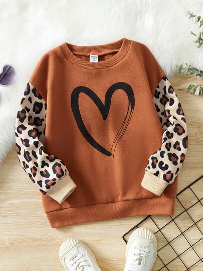 SHEIN Young Girl Heart And Leopard Print Sweatshirt