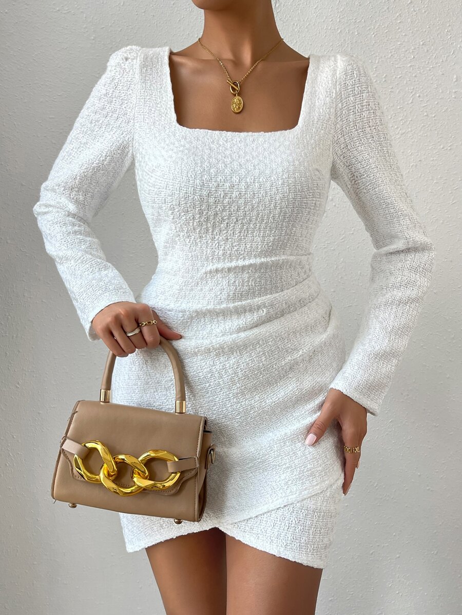 SHEIN Privé Square Neck Puff Sleeve Tulip Hem Bodycon Dress - White - View 1