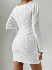 SHEIN Privé Square Neck Puff Sleeve Tulip Hem Bodycon Dress - White - View 2