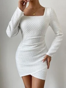SHEIN Privé Square Neck Puff Sleeve Tulip Hem Bodycon Dress - White - View 4