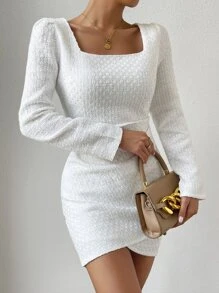 SHEIN Privé Square Neck Puff Sleeve Tulip Hem Bodycon Dress - White - View 6