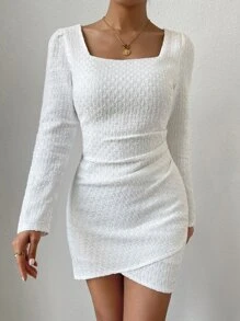 SHEIN Privé Square Neck Puff Sleeve Tulip Hem Bodycon Dress - White - View 7