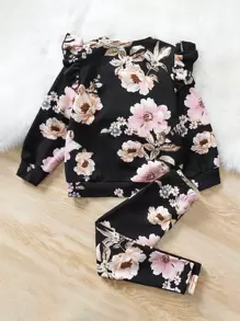 SHEIN Leap Crew Young Girl Floral Print Ruffle Trim Pullover & Leggings - Black - View 2