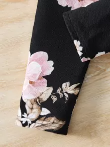 SHEIN Leap Crew Young Girl Floral Print Ruffle Trim Pullover & Leggings - Black - View 4