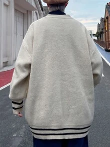 男士條紋飾邊落肩袖開襟衫 - 杏色 - 查看 2