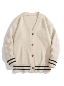 男士條紋飾邊落肩袖開襟衫 - 杏色 - 查看 3