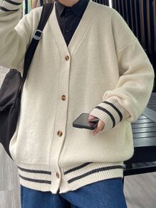 男士條紋飾邊落肩袖開襟衫 - 杏色 - 查看 4