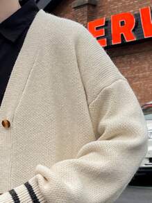 男士條紋飾邊落肩袖開襟衫 - 杏色 - 查看 5