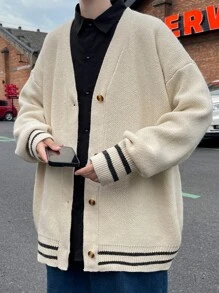 男士條紋飾邊落肩袖開襟衫 - 杏色 - 查看 6