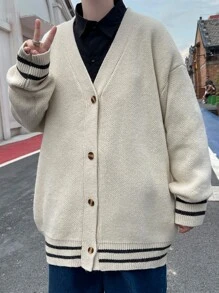 男士條紋飾邊落肩袖開襟衫 - 杏色 - 查看 7