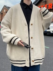 男士條紋飾邊落肩袖開襟衫 - 杏色 - 查看 8