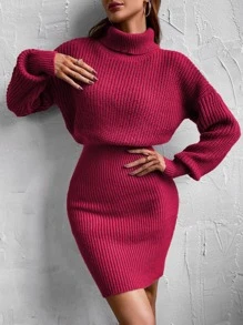 SHEIN Privé Turtleneck Drop Shoulder Jumper Dress - Burgundy - View 1