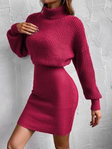SHEIN Privé Turtleneck Drop Shoulder Jumper Dress - Burgundy - View 4