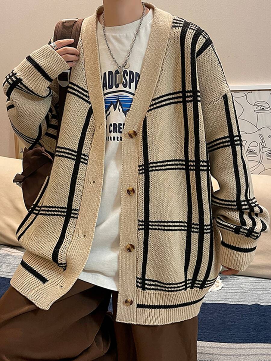 男士格紋圖案落肩袖開襟衫 - 卡其色 - 查看 1