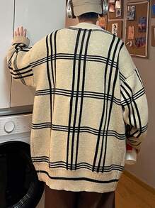 男士格紋圖案落肩袖開襟衫 - 卡其色 - 查看 2