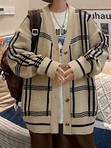 男士格紋圖案落肩袖開襟衫 - 卡其色 - 查看 3