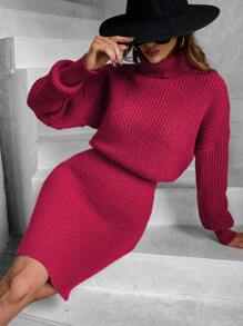 SHEIN Privé Turtleneck Drop Shoulder Jumper Dress - Burgundy - View 6