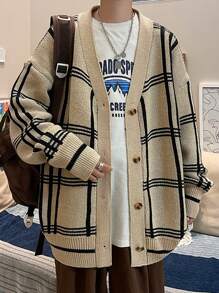 男士格紋圖案落肩袖開襟衫 - 卡其色 - 查看 4