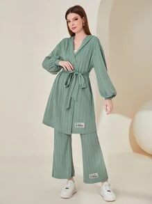 Mulvari Patched Detail Belted Coat & Trousers Set - Mint Green - View 1