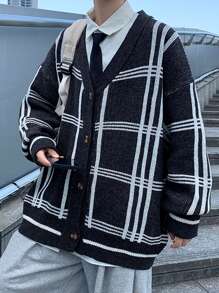 Men Plaid Pattern Drop Shoulder Cardigan - Black and White - View 1