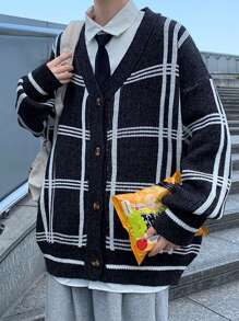 Men Plaid Pattern Drop Shoulder Cardigan - Black and White - View 4