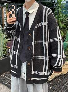 Men Plaid Pattern Drop Shoulder Cardigan - Black and White - View 5