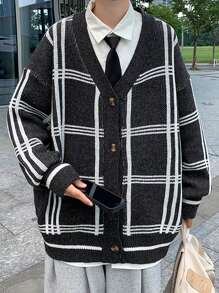 Men Plaid Pattern Drop Shoulder Cardigan - Black and White - View 7