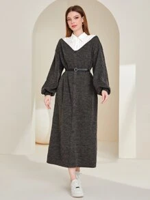 Seusyu Colourblock Lantern Sleeve Dress Without Belt - Dark Grey - View 7