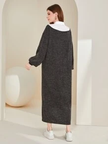 Seusyu Colourblock Lantern Sleeve Dress Without Belt - Dark Grey - View 6