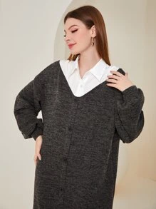 Seusyu Colourblock Lantern Sleeve Dress Without Belt - Dark Grey - View 2