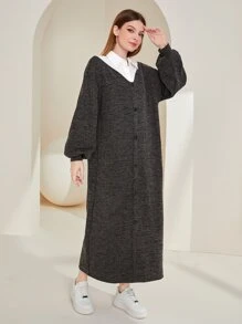 Seusyu Colourblock Lantern Sleeve Dress Without Belt - Dark Grey - View 5