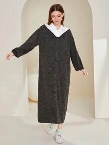 Seusyu Colourblock Lantern Sleeve Dress Without Belt - Dark Grey - View 4