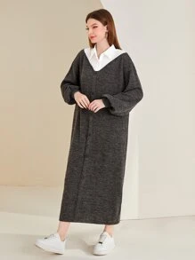 Seusyu Colourblock Lantern Sleeve Dress Without Belt - Dark Grey - View 3
