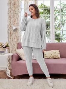 SHEIN LUNE Plus Striped Drop Shoulder Split Hem Sweatshirt & Leggings - Light Grey - View 5