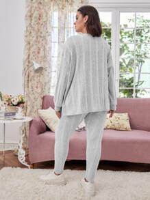 SHEIN LUNE Plus Striped Drop Shoulder Split Hem Sweatshirt & Leggings - Light Grey - View 2