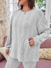 SHEIN LUNE Plus Striped Drop Shoulder Split Hem Sweatshirt & Leggings - Light Grey - View 6