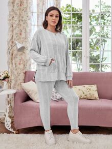 SHEIN LUNE Plus Striped Drop Shoulder Split Hem Sweatshirt & Leggings - Light Grey - View 3