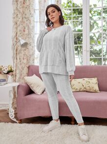SHEIN LUNE Plus Striped Drop Shoulder Split Hem Sweatshirt & Leggings - Light Grey - View 4
