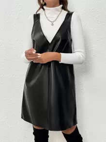 SHEIN Privé PU Pinafore Dress Without Jumper - Black - View 1