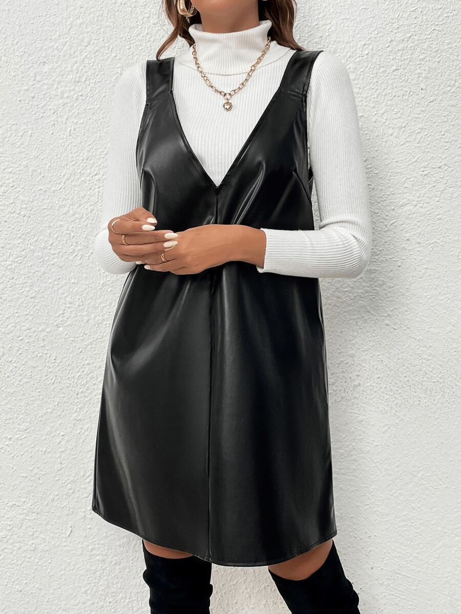 SHEIN Privé PU Pinafore Dress Without Jumper - Black - View 1