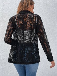 SHEIN Clasi Solid Open Front Lace Blazer - Black - View 2