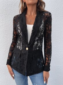 SHEIN Clasi Solid Open Front Lace Blazer - Black - View 3