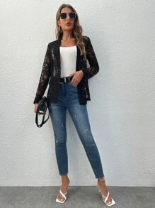 SHEIN Clasi Solid Open Front Lace Blazer - Black - View 6