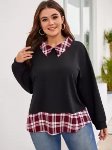 SHEIN LUNE Plus Plaid Print Drop Shoulder 2 In 1 Sweatshirt - Black - View 1