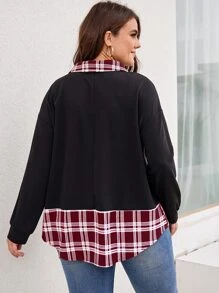 SHEIN LUNE Plus Plaid Print Drop Shoulder 2 In 1 Sweatshirt - Black - View 2