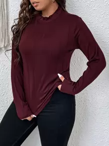 SHEIN LUNE 大碼木耳邊小高領T恤 - 紫紅色 - 查看 1