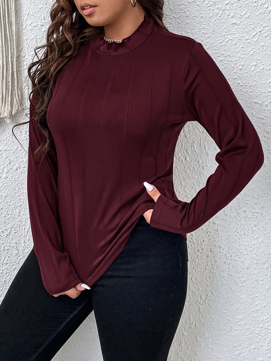 SHEIN LUNE 大碼木耳邊小高領T恤 - 紫紅色 - 查看 1