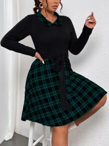 SHEIN LUNE Plus Plaid Print Belted 2 In 1 Dress - Dark Green - View 3