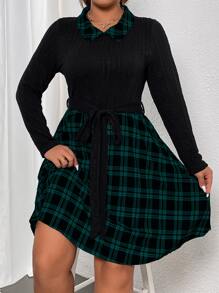 SHEIN LUNE Plus Plaid Print Belted 2 In 1 Dress - Dark Green - View 4
