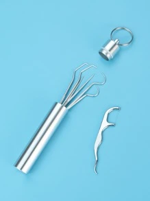 不銹鋼牙籤口袋套裝便攜式牙線簽可重複使用金屬牙籤牙齒清潔套件帶鑰匙扣架適合戶外野餐露營旅行 - 銀色 - 查看 1